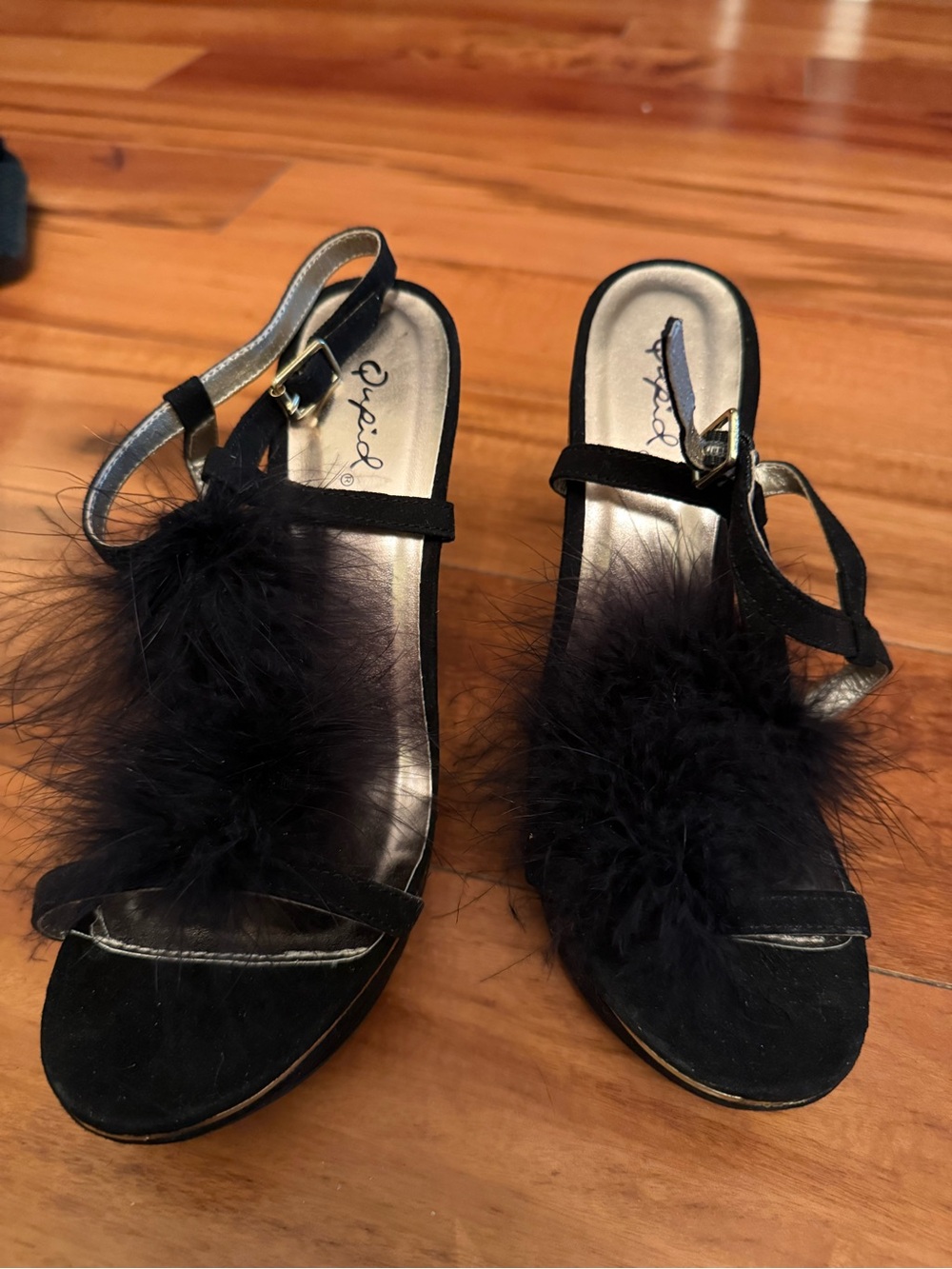 Qupid Black Feather Trim Slingback Heels